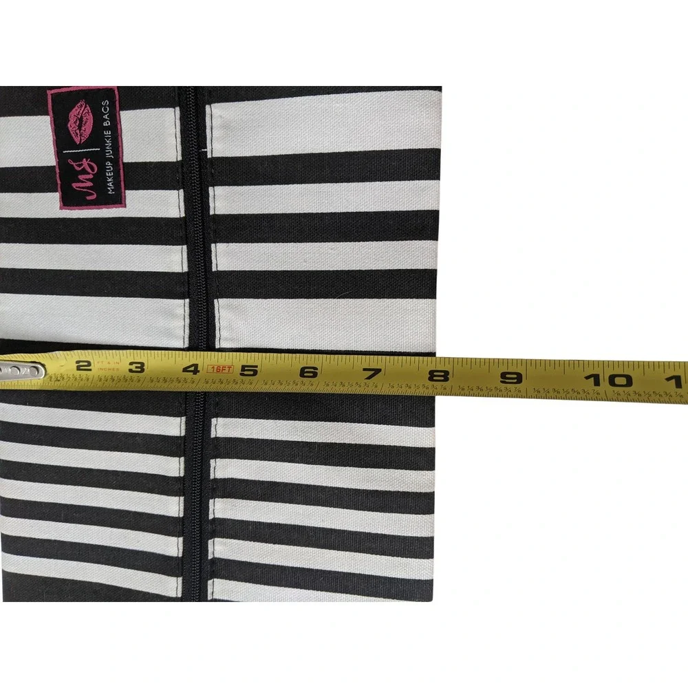 Makeup Junkie Bag Black White Stripe Pink Tassel Cosmetic Pouch Medium Clutch